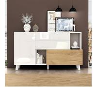 Buffet blanc à haute brillance avec finition bois, moderne pour salle à manger, meuble de salon minimaliste scandinave, 130x40x70cm