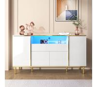Buffet Blanc, Armoire à 4 Portes, Commode à tiroir en bois, Pieds en métal, Meuble Polyvalent avec LED, Grand Espace de Rangement, pour Salon, Chambre, Salle à Manger, Couloir, 150 x 40 x 80 cm (A)
