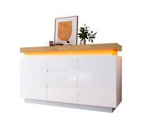 Buffet Blanc - Brillant 2 Portes 3 Tiroirs - Moderne Eclairage LED 140x39x81cm