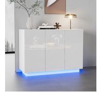 Buffet Blanc Brillant avec Lumière LED,Meuble de design Contemporain à Portes et Tiroirs,120x40x75 cm,trois faces brillantes.