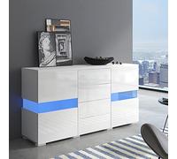 Buffet Blanc Brillant avec lumières LED 16 Couleurs, Portes en Acrylique, Grand Espace de Rangement pour Salle à Manger et Salon 2 Portes vitrées, 4 tiroirs, 140 x 35 x 72 cm