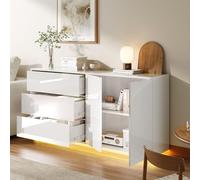 Buffet blanc brillant,Buffet Blanc Laqué 2 Portes 3 Tiroirs avec LED,Buffets Bas Meubles de Rangement Commode Basse avec Tiroir pour Cuisine Couloir Salon Entrée(2 portes, 3 tiroirs-1, Blanc-B)