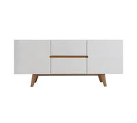 Buffet scandinave blanc laqué brillant et finition bois clair 2 portes 2 tiroirs L160 cm MELKA
