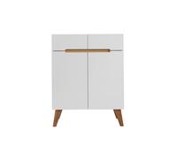 Buffet scandinave blanc laqué brillant et finition bois clair 2 portes 2 tiroirs L80 cm MELKA