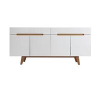 Buffet scandinave blanc brillant et finition bois clair 4 portes 2 tiroirs L180 cm MELKA