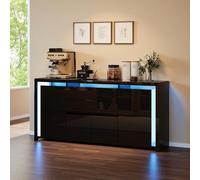 Buffet Blanc Laqué 4 Portes 2 Tiroirs avec Éclairage LED, Meuble de Rangement Commode Moderne, Buffet de cuisine pour Salon, Cuisine ou Entrée, Design Haut Brillant, 160×35×75 (Noir, 160×35×75 CM)