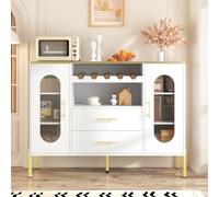 Buffet Blanc Moderne,120 L X 38 B X 90 Hcm, 2 Portes Et 2 Tiroirs, avec Façades en Verre Et Casier À Vin -pour Salle À Manger Et Salon - Base Réglable - Beaucoup D'espace De Rangement