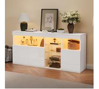 Buffet blanc salon avec éclairage LED 155,5 x 35 x 72 cm Meuble de salon brillante 3 portes et 3 compartiments et étagères en verre