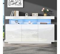 Buffet Brillant Moderne 140 x 35 x 80 cm, 4 Portes et 2 tiroirs, étagères en Verre, Bar à café, Buffet en Acrylique avec Bande Lumineuse LED 16 Couleurs, pour Salle à Manger, Cuisine, Couloir (Blanc)