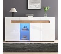 Buffet Brillant Moderne avec 3 Portes, Contrôle De La Lumière LED, Meuble De Salon 140x40x70 Cm, Étagère en Verre, Meuble De Rangement, Blanc