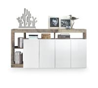 Buffet BURA - 4 portes - Blanc laqué brillant et chêne clair - Design moderne - L184 cm
