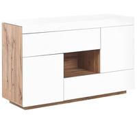 Buffet/Bureau Blanc et Bois Clair au Style Minimaliste et Plateau Coulissant Espace de Rangement Goran