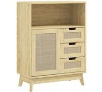 Buffet cannage effet bois style bohème chic - 3 tiroirs, porte, étagère, grande niche Beige G