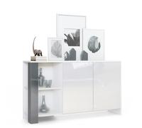 Buffet Canto, long bahut avec 2 portes et 6 compartiments, blanc mat - blanc brillant - gris haute brillance (143 x 81 x 36 cm)