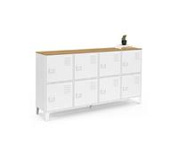 Buffet casier 139 cm ESTER 8 portes en métal blanc plateau bois design industriel