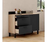 IDMarket - Buffet Bas casserolier de Cuisine 120 cm CINA Plan de Travail H.83 cm 1 Porte + 3 tiroirs façon hêtre et Noir