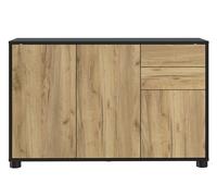 Buffet, Commode avec 3 Portes et 2 tiroirs, Noir Mat/Chêne nature - Longueur 117 x Hauteur 74 x Profondeur 37.5 cm