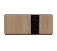 Buffet, commode de rangement aspect bois coloris naturel et effet marbre noir - Longueur 180 x Profondeur 41,8 x Hauteur 78,50 cm - -