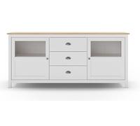 Buffet, commode de rangement avec 3 tiroirs et 2 portes en pin coloris blanc, chêne - Longueur 180 x Profondeur 40 x Hauteur 80 cm - -