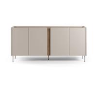 Buffet, commode de rangement avec 4 portes aspect bois coloris crème, chêne et pieds en métal