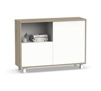 Buffet, commode de salon coloris chêne cambrian, blanc - Longueur 112 x Profondeur 33 x hauteur 83 cm