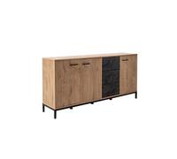 Buffet commode meuble de rangement 3 portes coloris chêne doré/effet marbre noir - Longueur 180 x Profondeur 40 x Hauteur 85 cm - -