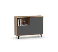 Buffet commode meuble de rangement coloris Gris/Chêne doré - Longueur 112 x Profondeur 33 x Hauteur 86 cm - -