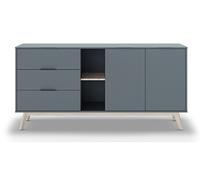 Buffet, commode rectangulaire avec 2 portes et 3 tiroirs aspect bois coloris Vert Kaki, pieds en pin coloris blanc ciré - Longueur 165 x Profondeur