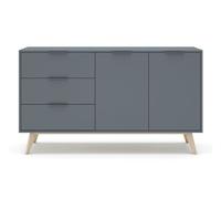 Buffet, commode rectangulaire avec 2 portes et 3 tiroirs aspect bois coloris Vert Kaki, pieds en pin coloris blanc ciré - Longueur 140 x Profondeur