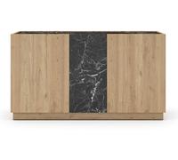 PEGANE Buffet, Commode rectangulaire avec 3 Portes Aspect Bois Coloris Naturel et Effet marbre Noir - Longueur 140 x Profondeur 41,80 x Hauteur 78,50 cm
