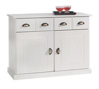 IDIMEX Buffet Salle à Manger Paris L 91 cm en Bois Massif Blanc 2 tiroirs 2 Portes Meuble Rangement avec poignées coquilles en métal bahut vaisselier Commode 91 x 78 x 39 cm