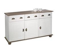 Buffet COLMAR commode bahut vaisselier meuble bas rangement avec 3 tiroirs et 3 portes, en pin massif lasuré blanc et taupe