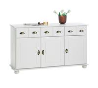 IDIMEX Buffet Salle à Manger Colmar en Bois L 134 cm Blanc et Brun avec 3 Portes battantes et 3 tiroirs spacieux, poignées Coquille, Meuble de Rangement, Structure Robuste et Finition élégante