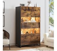 Buffet cuisine, Bahut, Buffet industriel, Vitrine avec 2 tiroirs, 2 portes en verre, Eclairage LED, Armoire haut, 80x40x138 cm,