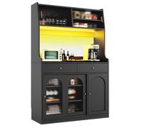 Buffet Cuisine Meuble Rangement avec éclairage LED Armoire avec Étagère Réglable 5 Portes 2 Tiroirs Vaisselier 120x40x180 cm Noir