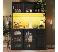 Buffet Cuisine Noir LED, Meuble Haut Vitrine, Étagères Réglables, Éclairage Moderne Pour Salle À Manger, Rangement Élégant
