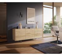 Buffet Cuor 180 cm Céramique Laminam® Sabbia Teinte chêne 2 Portes 3 Tiroirs Pied optique flottant Verre acrylique
