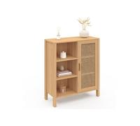 IDMarket – Buffet d'appoint EDHEN 3 étagères et placard 70 cm bois et cannage