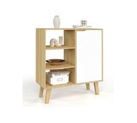 Buffet d'appoint 3 étagères et placard 70 cm FINN blanc et bois façon hêtre