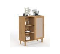 Buffet d'appoint 3 étagères et placard 70 cm ROBIN meuble de rangement bois et tissu effet lin