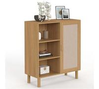 Buffet d'appoint 3 étagères et placard 70 cm ROBIN meuble de rangement bois et tissu effet lin