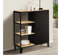 Buffet d'appoint 3 étagères et placard métal noir et plateau bois 70 cm ESTER design industriel