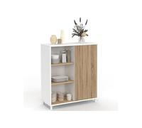 Buffet d'appoint 70 cm EASY montage facile sans outils 3 étagères et 1 porte coulissante réversible blanc et bois