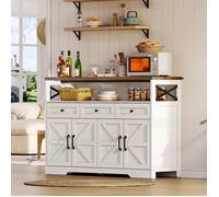 Buffet de 140 cm avec trois tiroirs, meuble bar avec étagères, adapté aux cuisines, salons ou couloirs, finition blanche et marron.
