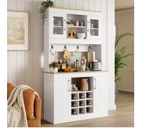 Buffet de cuisine 106x39x175 cm avec surmeuble, portes vitrées, range-bouteilles et barre à crochets, grand rangement - blanc