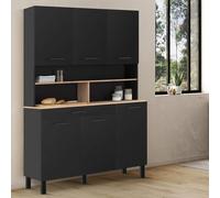 IDMarket - Buffet de Cuisine 120 cm CINA 6 Portes + tiroir Noir et Plateaux façon hêtre
