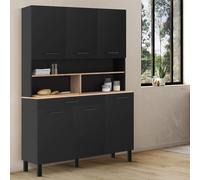 Buffet De Cuisine 120 Cm Cina 6 Portes + Tiroir Noir Et Plateaux Façon Hêtre Noir