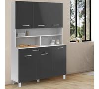Buffet de cuisine 120 CM CINA meuble 6 portes gris brillant et structure blanche + tiroir