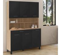 Buffet de cuisine 120 CM CINA meuble 6 portes noir mat et structure façon hêtre + tiroir