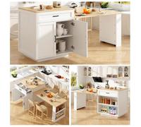 Buffet de cuisine 133-202×70×93.5 cm avec 2 tiroirs et 2 compartiments, Îlot de cuisine à rallonge avec tablettes latérales, Blanc